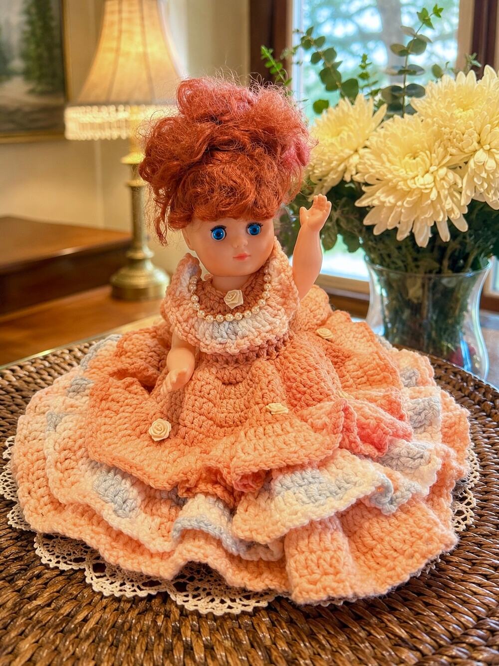 Vintage Handmade Bedsitter Dolls with Crocheted Dress - Granny/Cottage Decor
